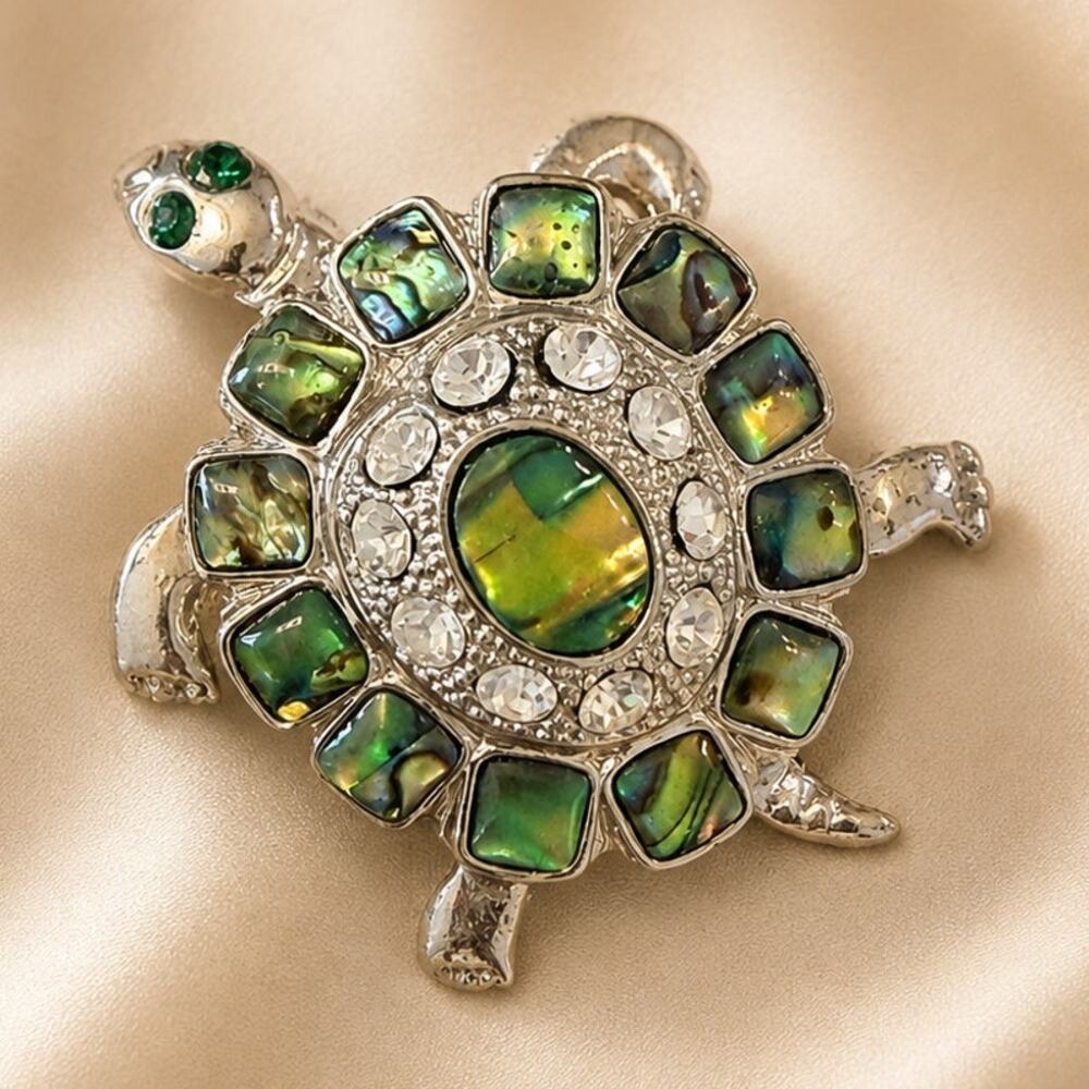Turtle Sea Turtle 2" Brooch Pin Iridescent Shell Rhinestone Silver Tone Vintage